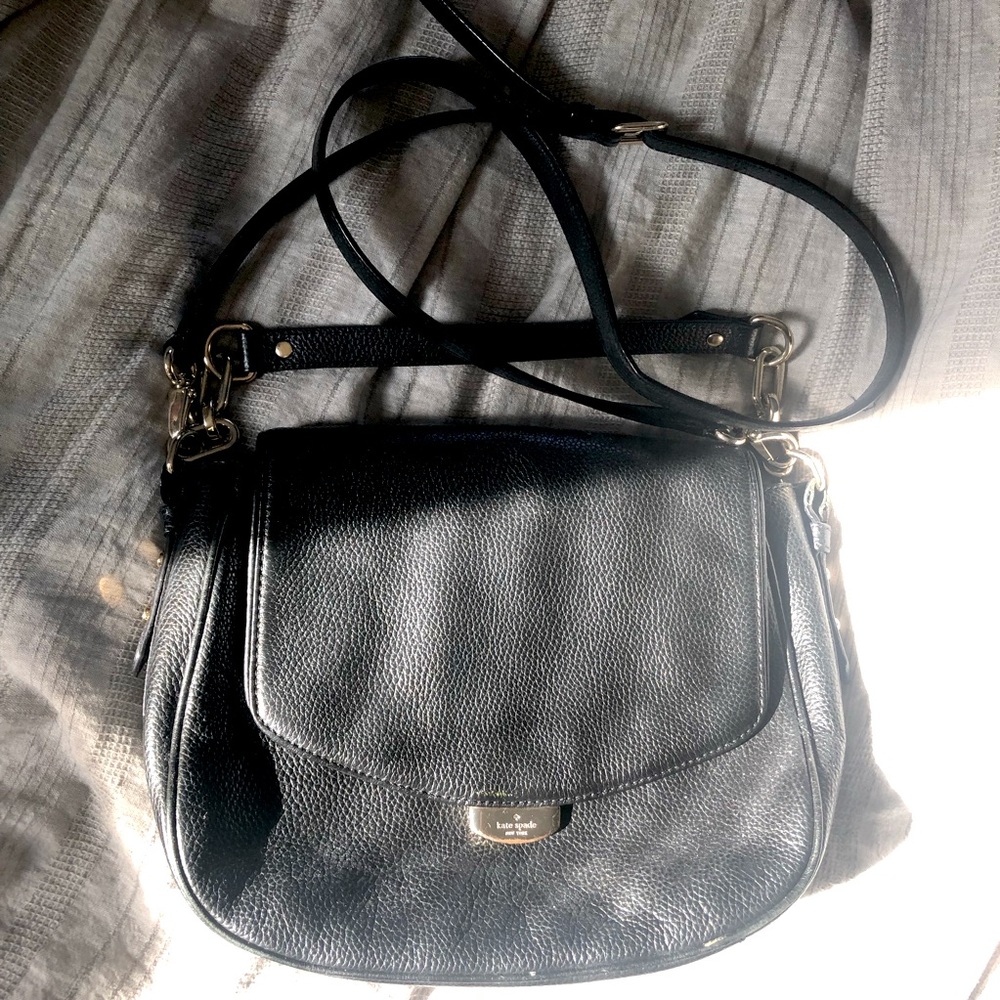 Kate Spade Black Pebbled Leather Messenger Style Medium Size Purse
